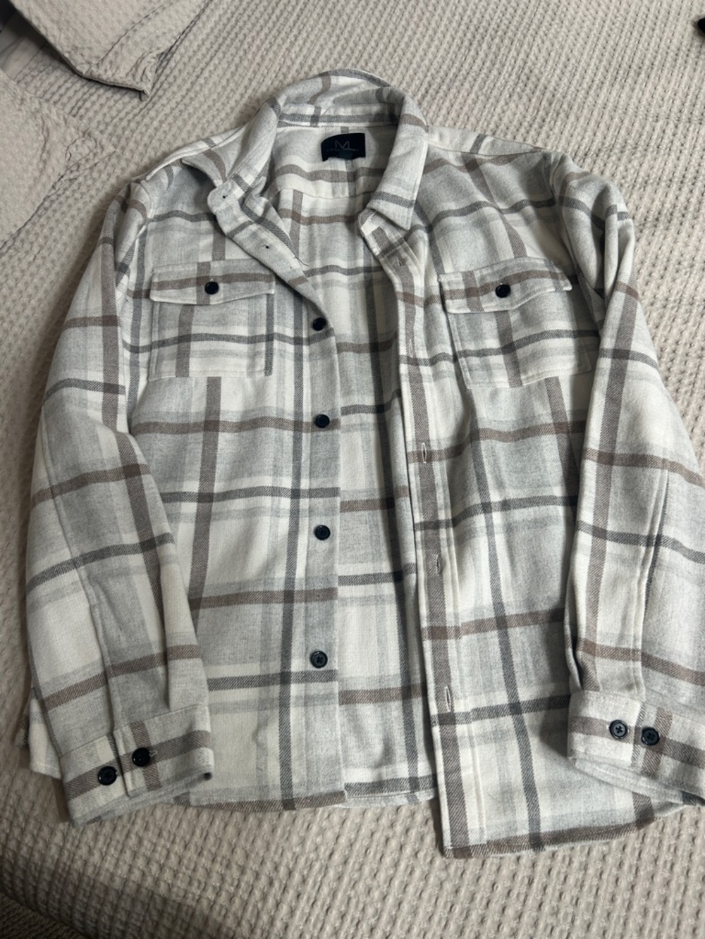 Magaschoni Cream and Brown Plaid Button-Down Shirt